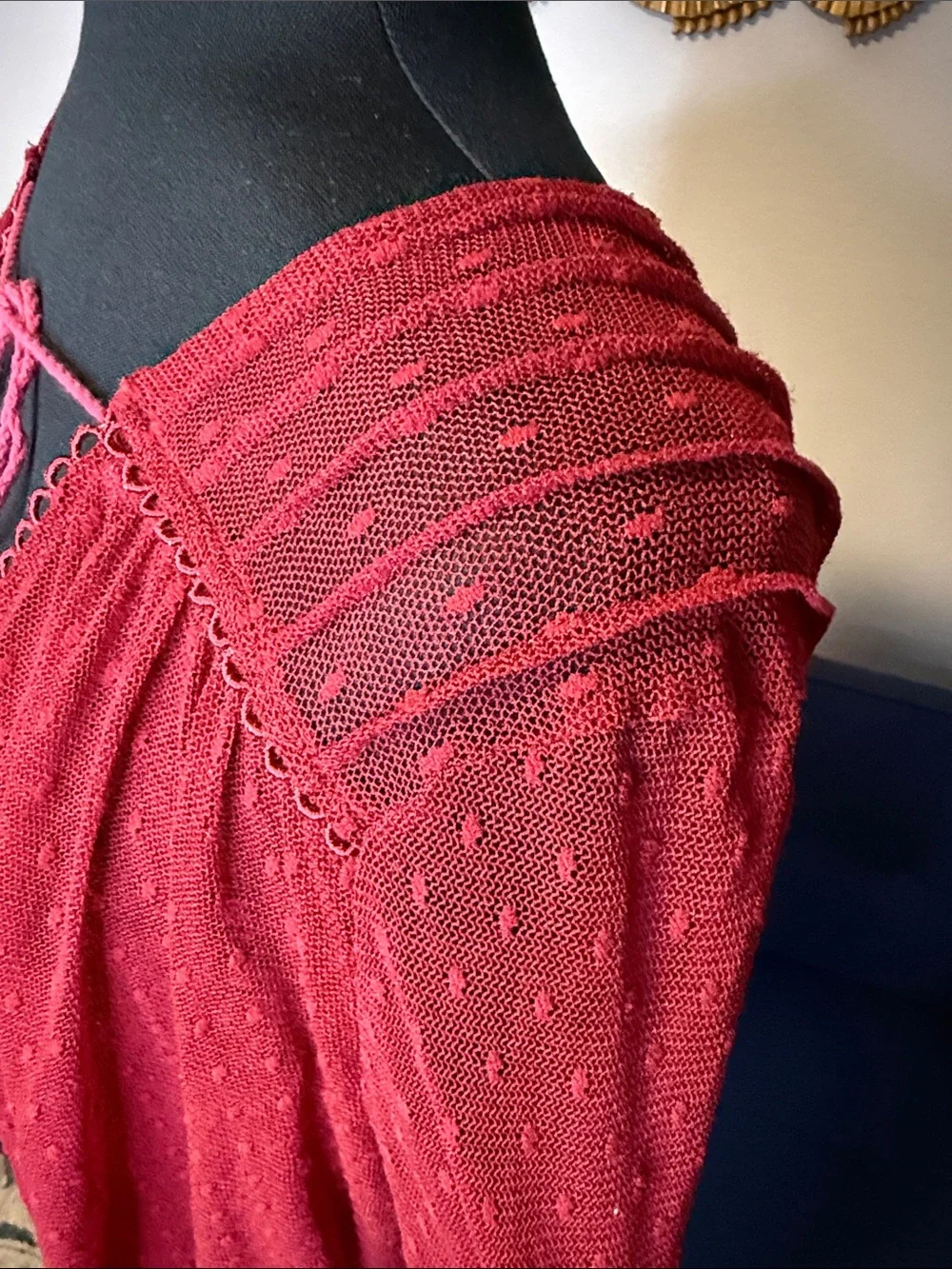 FP Womens Sheer Burgundy Red Lace Blouse Bow tie layered V-Neck Long Bell Sleeve